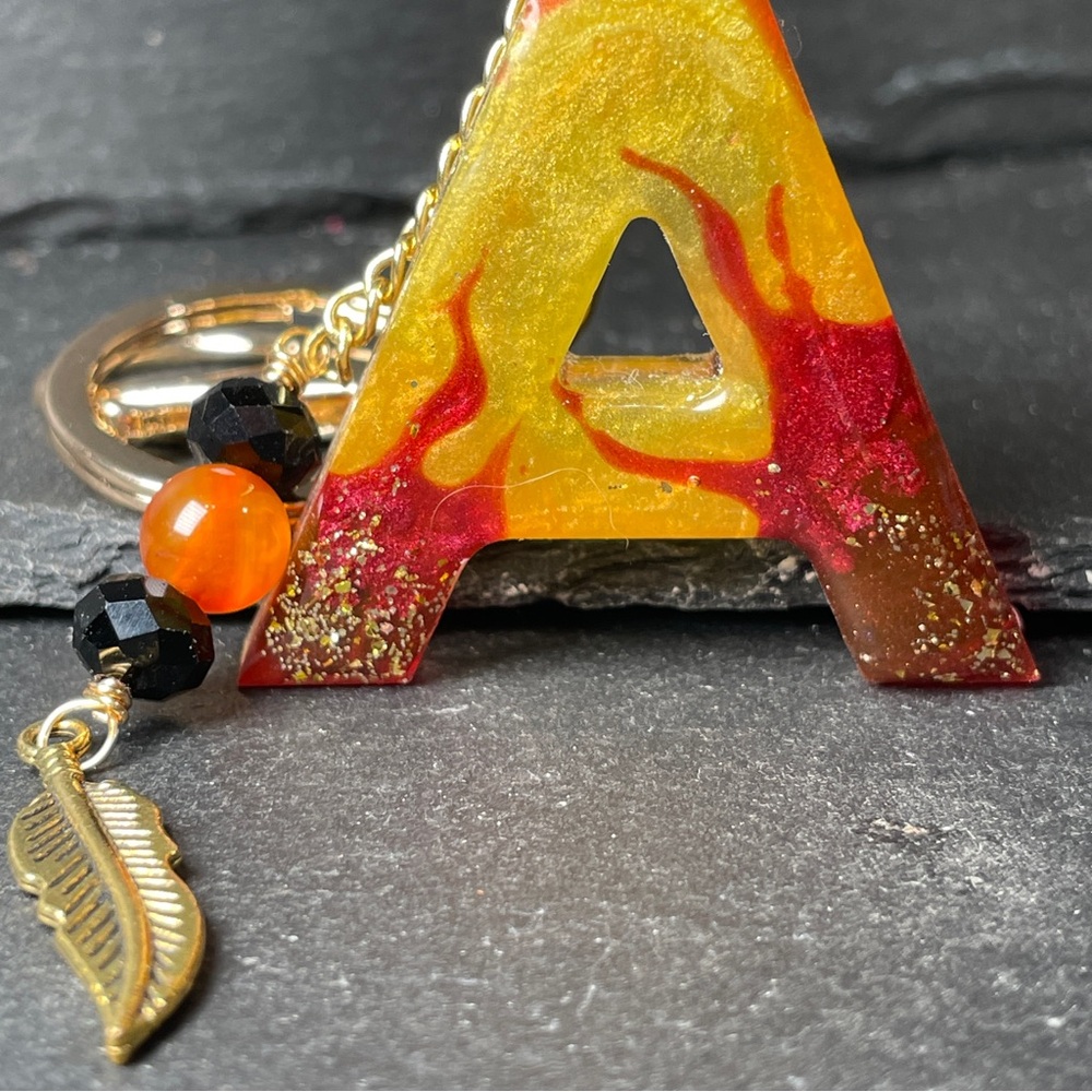 Custom Flaming Letter “A” Keychain with Carnelian Crystal And Gold Feather Charm - Picture 4 of 10